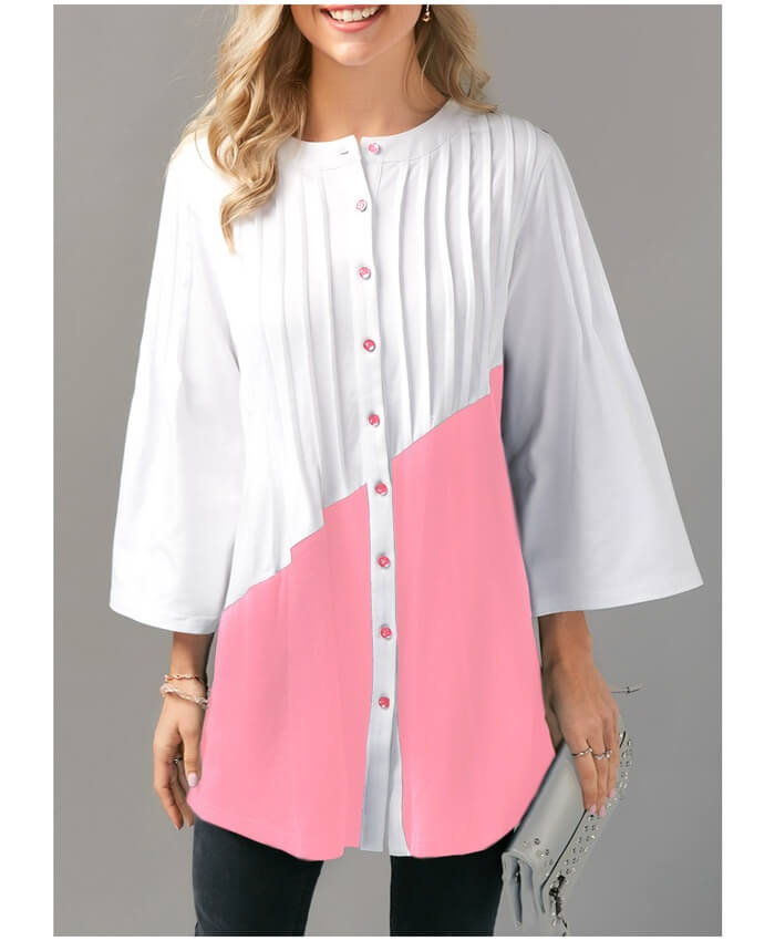 Three Quarter Sleeve Button Up Pink Pleated Blouse